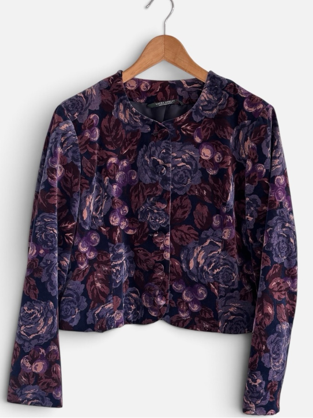Vintage Laura Ashley Velvet Floral Tapestry Cropped Jacket Blazer Shrug Coat 10